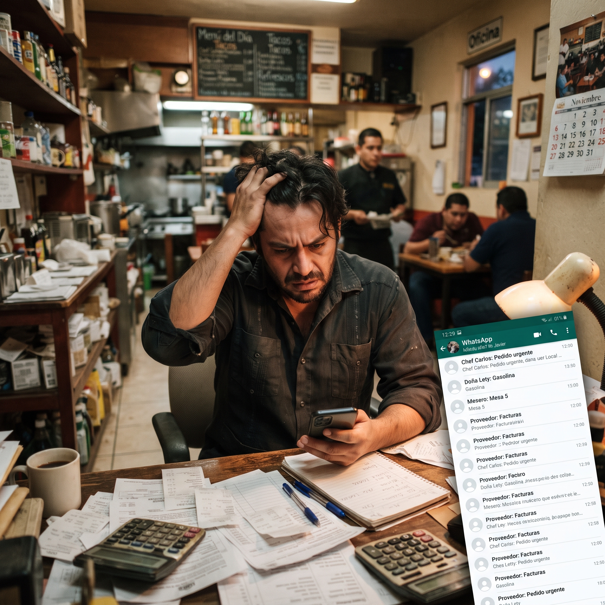 Dueño de negocio mexicano revisando mensajes de WhatsApp sin contestar